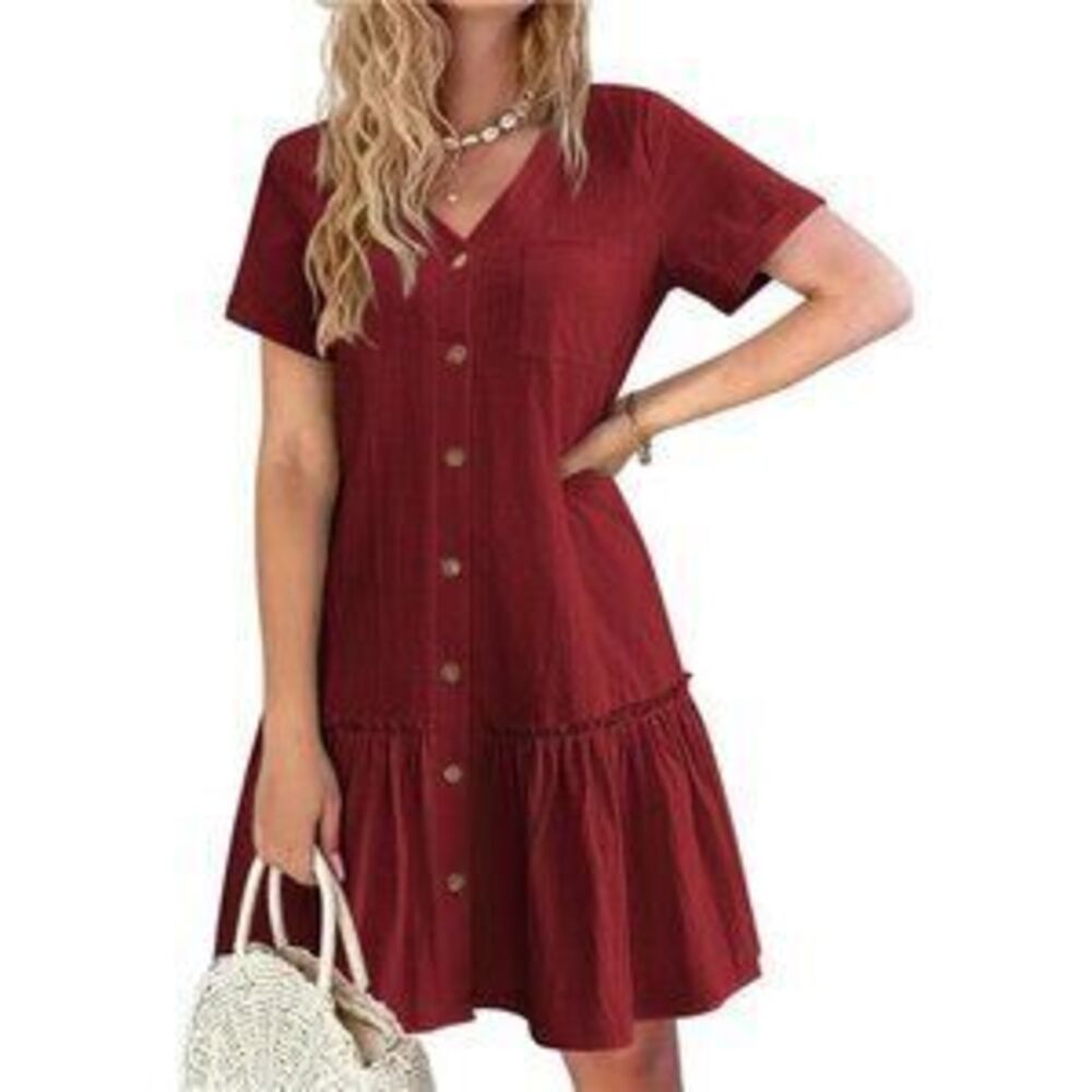 Women's Button Down Dress Loose Summer Cotton Linen Dress Ruffle Hem Tunic Dress